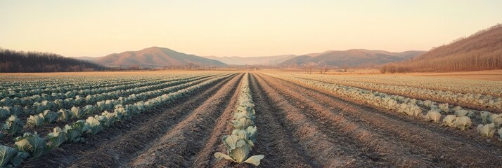 Sticker - Rows of cabbages growing in a vast field at sunset, with mountains in the background.