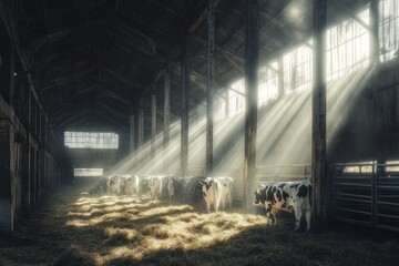 Poster - Sunbeams illuminate cows in a rustic barn. (1)