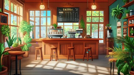 Leinwandbilder - A vibrant cafe interior with wooden furniture, lush green plants, and natural light streaming through large windows.  

