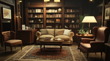 Poster - Cozy classic library study room interior with beige sofa, wooden armchairs, bookshelves, and carpet.