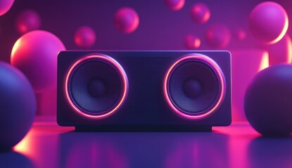 Poster - Neon-lit stereo speakers with glowing spheres.