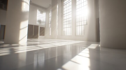 Poster - Sunlit minimalist interior space with large windows and polished floor.