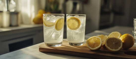 Poster - Two glasses of refreshing lemonade with ice and lemon slices on a wooden board.