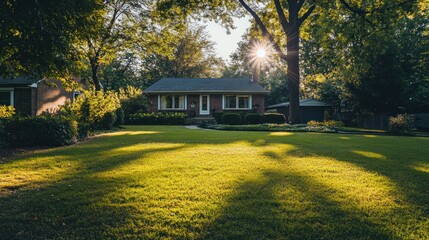 Poster - Suburban home bathed in warm sunlight, showcasing lush green lawn and mature trees.
