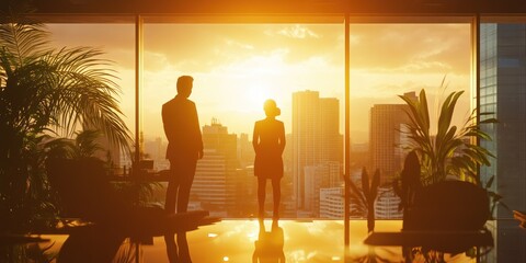 Poster - Silhouetted businesspeople admire sunset cityscape from office.