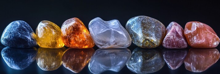 Poster - Colorful tumbled stones reflecting on dark surface.