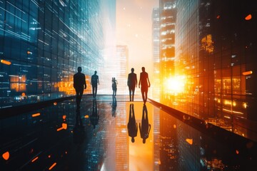 Poster - Silhouetted figures walk towards a bright city sunrise on a reflective surface.