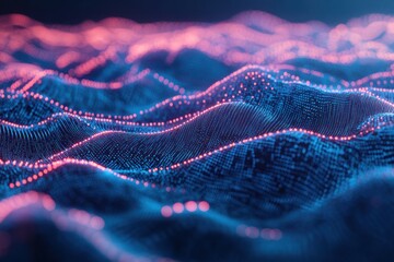 Aufkleber - Abstract digital landscape with glowing particles forming undulating waves in blue and pink hues.