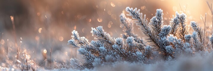 Aufkleber - Frost-covered plants bathed in warm sunrise light.