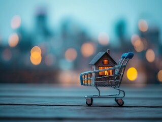 Poster - Miniature house in shopping cart on wooden surface with city bokeh background.