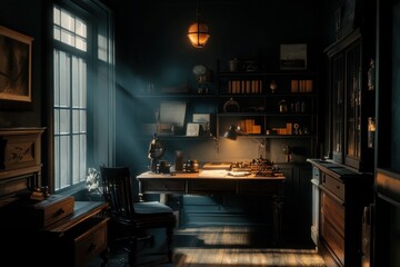 Poster - Sunlit vintage study with antique desk, chair, books, and nautical instruments.