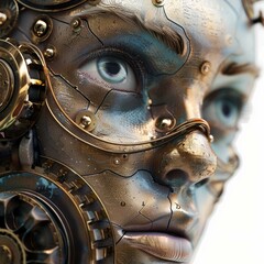 Poster - Close up of a steampunk cyborg face featuring augmented reality technology, blending mechanical and organic elements