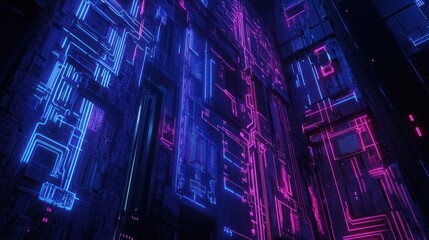 Poster - Abstract neon pink and blue circuit board texture.