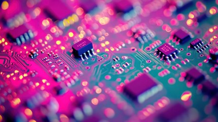 Poster - Close-up of vibrant pink and teal circuit board with integrated circuits and microchips.