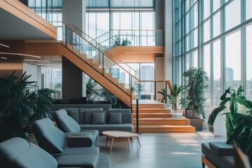 Leinwandbilder - Modern office interior with wooden staircase, large windows, and comfortable seating area.
