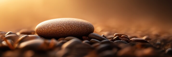 Poster - Single smooth stone rests on a bed of smaller pebbles at sunset, bathed in warm golden light.