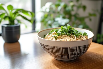 Poster - Delicious Asian noodles in a patterned bowl on a wooden table, garnished with fresh herbs.