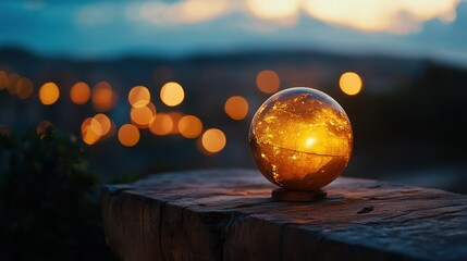 Poster - Illuminated glass globe rests on weathered stone at twilight, city lights bokeh background.