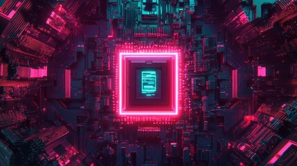 Aufkleber - Futuristic CPU glowing neon pink square in a complex circuit board.