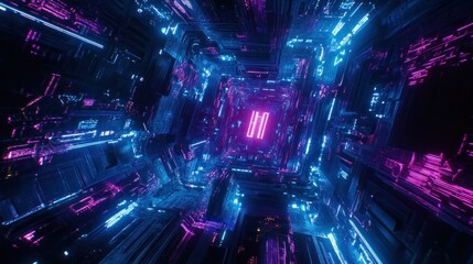Poster - Abstract neon tunnel with glowing purple and blue lights.