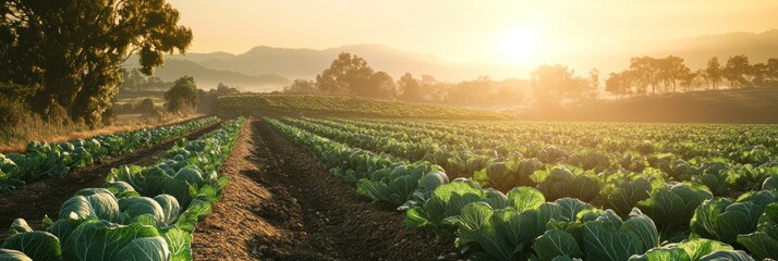 Poster - Sunlit cabbage field at sunrise.