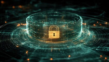Poster - Cyber security concept glowing padlock inside digital sphere.