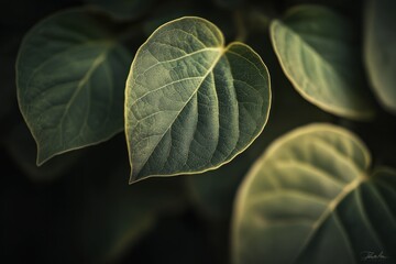 Poster - Close-up of three heart-shaped leaves with prominent veins, illuminated by soft light against a dark background.
