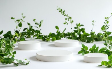 Aufkleber - White podiums with green leaves on white background.