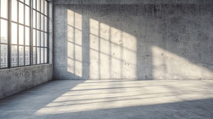 Poster - Sunlit empty industrial loft interior with large window and concrete walls.