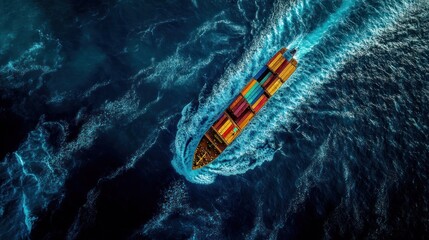 Poster - Aerial view of a container ship sailing on a dark blue ocean.