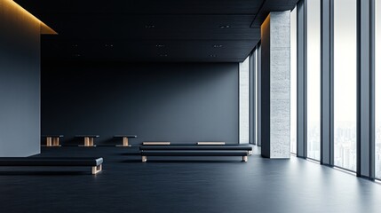 Aufkleber - Minimalist dark room with benches and large windows.