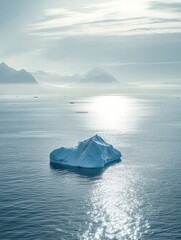 Poster - Melting iceberg floating in expansive blue ocean under a soft cloudy sky in serene atmospheric conditions. Generative AI