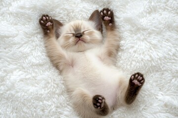 Poster - Adorable tiny kitten sleeping peacefully on a fluffy white blanket, paws up.