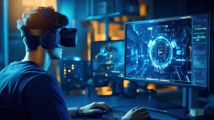 Poster - Young man immersed in virtual reality gaming, using VR headset and computer.