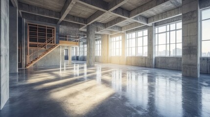 Poster - Sunlit spacious loft interior with concrete floors, walls, and columns; mezzanine level with stairs.