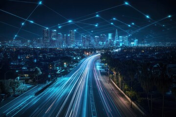 Poster - Night cityscape with highway light trails and digital network connections.