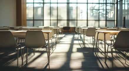 Poster - Sunlit empty classroom with desks and chairs arranged in rows.