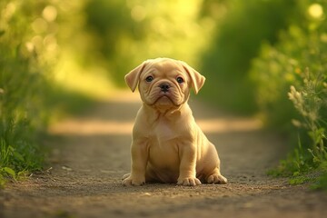 Poster - Adorable fawn-colored puppy sitting on a path in a sunny green forest.