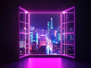 Poster - Neon city skyline viewed from open window at night.