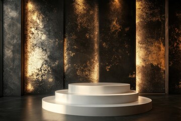 Aufkleber - Elegant white tiered podium on dark gold textured background.