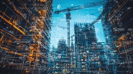 Poster - Construction site with superimposed blueprints at dusk.