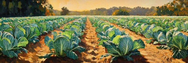 Poster - Vibrant cabbage field at sunrise, rows stretching to distant trees.