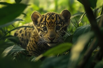 Poster - Adorable jaguar cub peering from lush green foliage in a jungle setting.