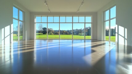 Poster - Sunlit modern gallery space with expansive windows overlooking a scenic park.