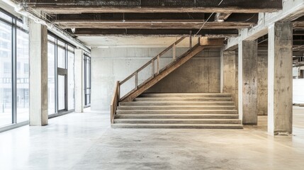 Poster - Modern industrial interior with concrete floor, exposed beams, and wooden staircase.