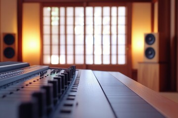 Fototapete - Close-up of audio mixing console in recording studio.