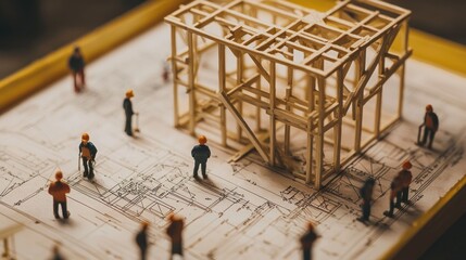 Poster - Miniature construction workers surrounding a wooden house frame model placed on blueprints.