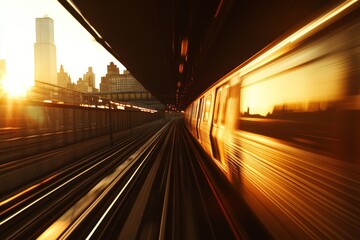 Poster - High-speed train entering city at sunset.