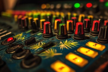 Fototapete - Close-up of a colorful, dusty sound mixer with knobs and buttons illuminated in low light.
