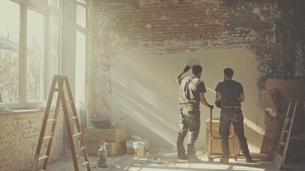 Poster - Two construction workers inspect a room under renovation, sunlight streaming through the windows.
